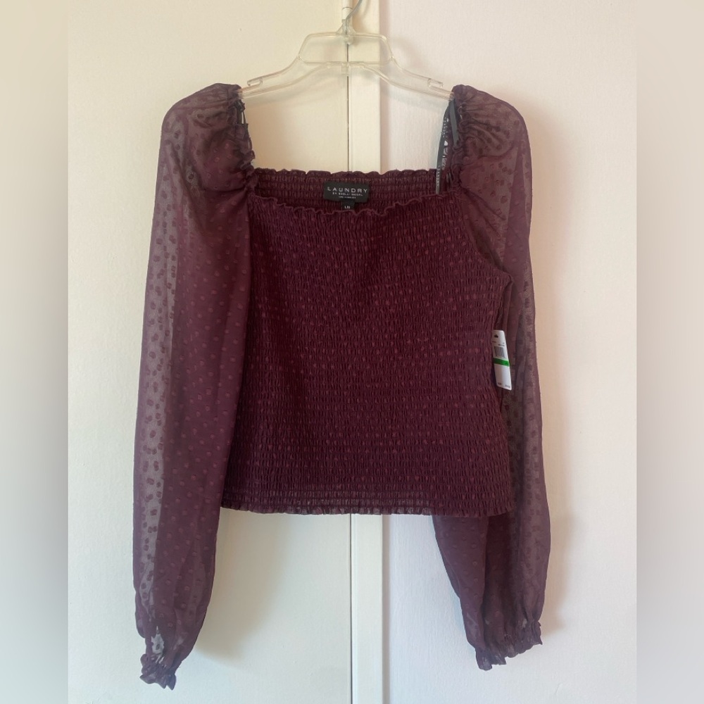 NWT Laundry by Shelli Segal SZ L Plum Square Neck Sheer Sleeve Bodycon Crop Top